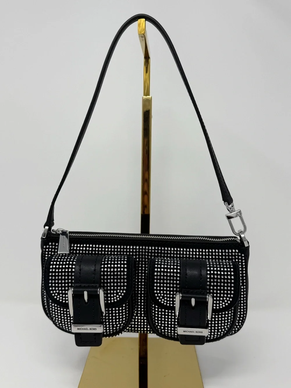 Michael Kors Zoe Black Rhinestone Suede Pochette Shoulder Bag Y2K